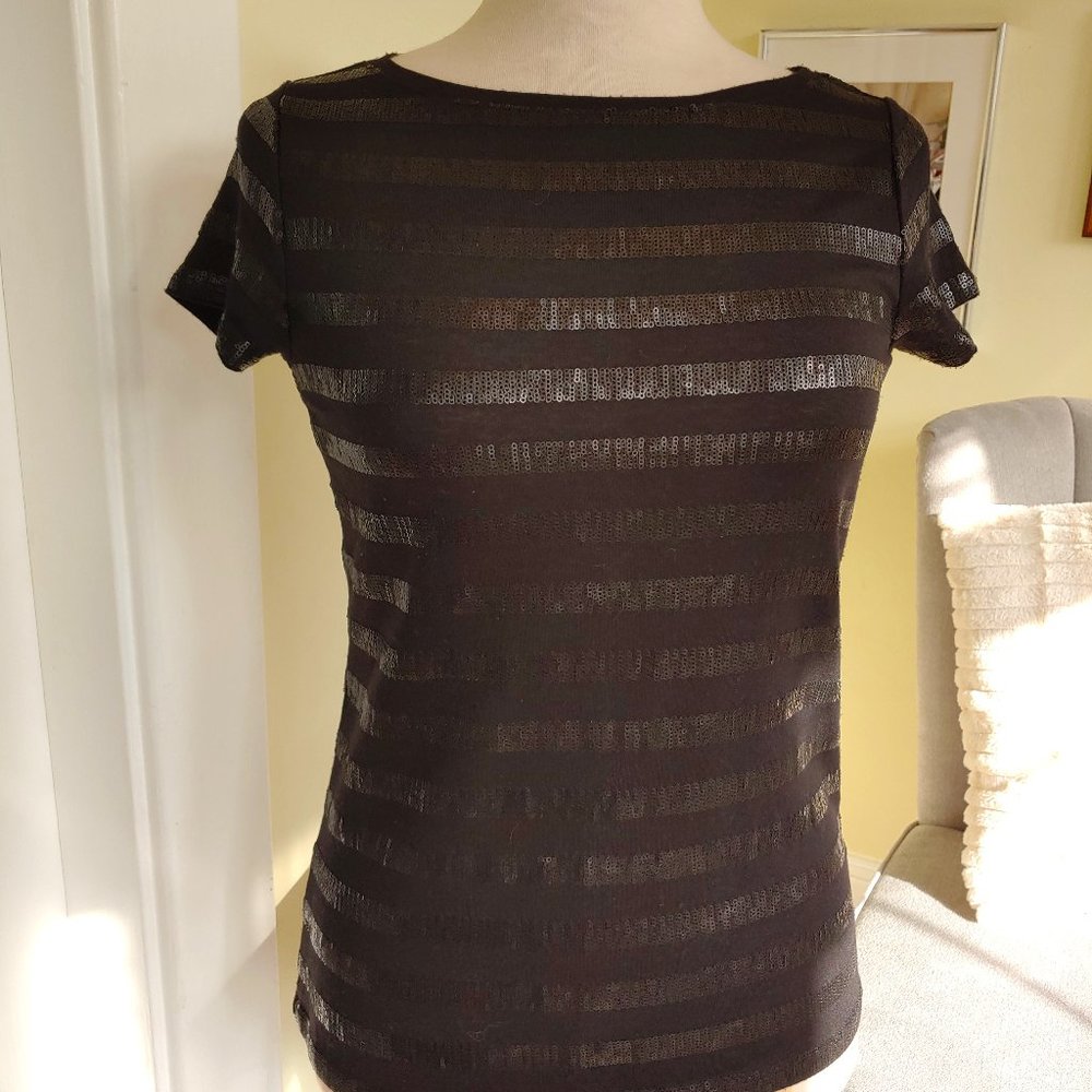 Talbot's | Black Matte Metallic Micro Sequin Stripe on Black Tee Shirt | XS
